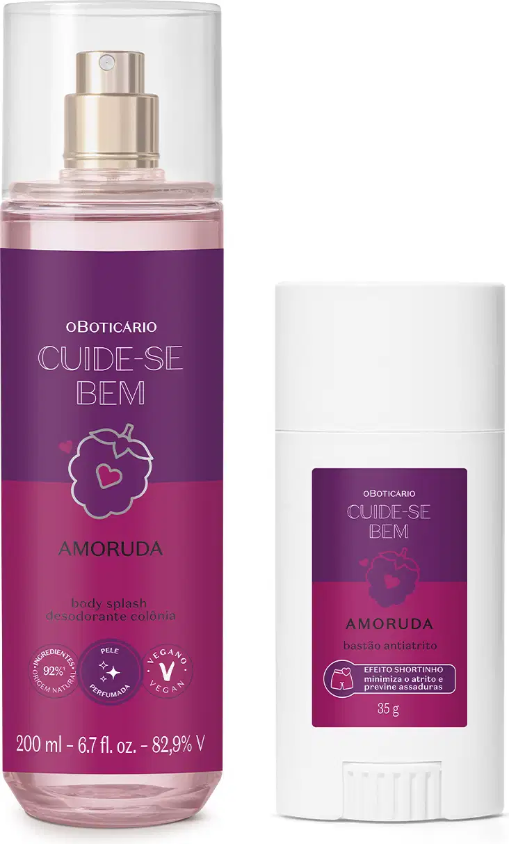 Dois itens da marca Cuide-se Bem Amoruda: frasco de body splash transparente com líquido lilás e rótulo roxo e bastão anti-atrito em embalagem branca com rótulo roxo, ambos com amostras ilustradas.