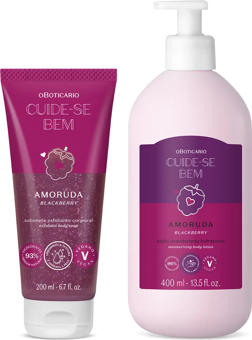 Dois itens da marca Cuide-se bem Amoruda: um sabonete esfoliante corporal em bisnaga roxa, e uma loção hidratante corporal em frasco branco com bomba dosadora e rótulo roxo, ambos com amoras ilustradas.