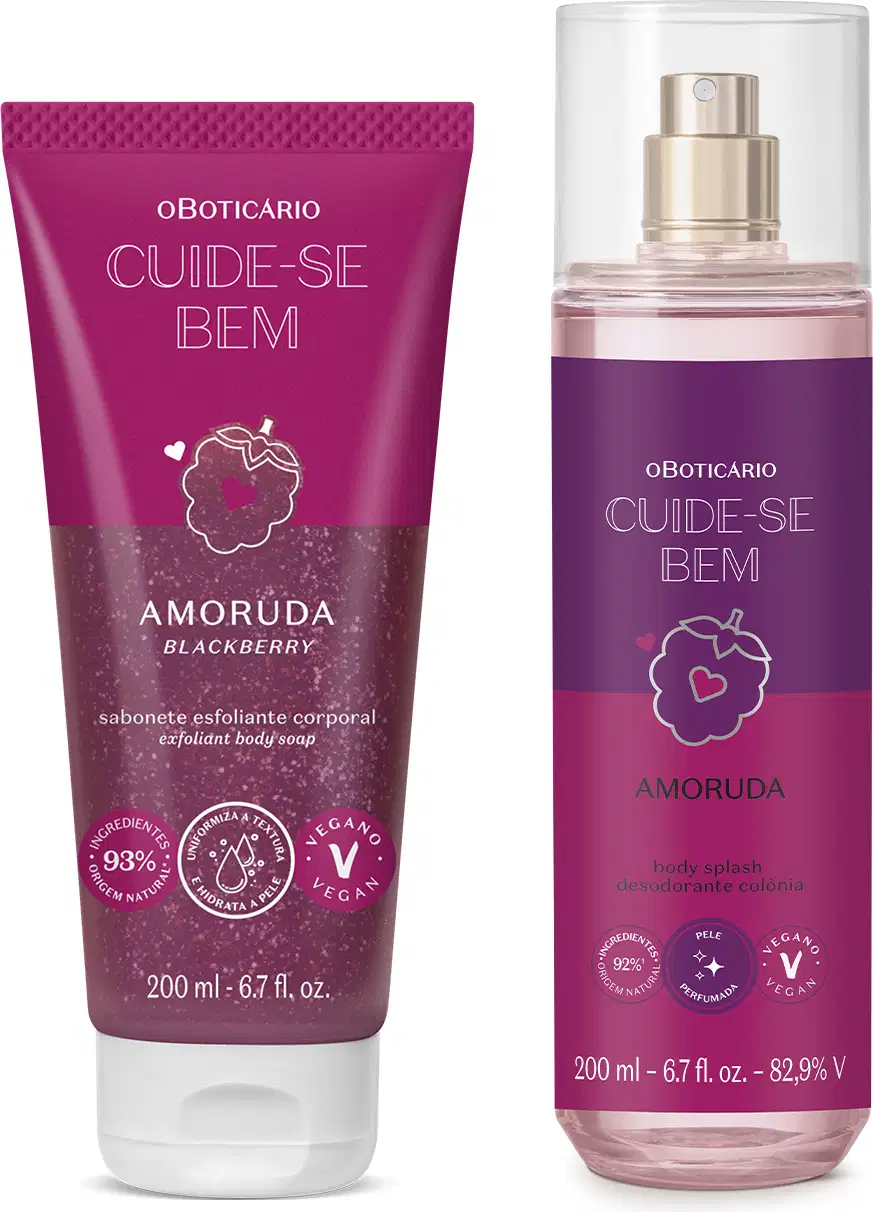 Dois produtos de perfumaria da marca Cuide-se bem Amoruda: um sabonete esfoliante corporal em embalagem roxa e um body splash em frasco transparente com líquido lilás e rótulo roxo, ambos com amoras ilustradas.