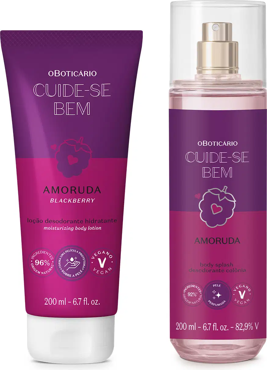 Dois produtos da marca Cuide-se bem Amoruda: um frasco transparente com líquido lilás e rótulo roxo contendo body splash e um frasco roxo com tampa branca contendo loção hidratante corporal, ambos com amoras ilustradas.
