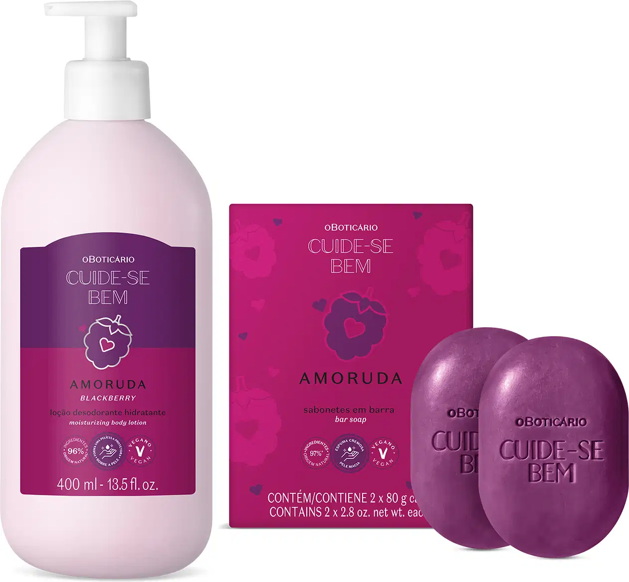 Dois produtos da marca Cuide-se Bem Amoruda: frasco branco com bomba dosadora e rótulo roxo, caixa roxa, ambos com amoras ilustradas e dois sabonetes em barra roxos com o nome da marca gravado nos produtos.