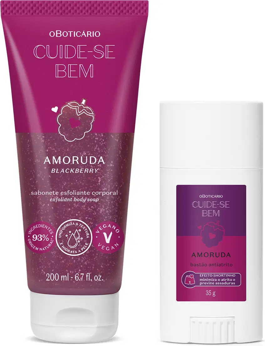 Dois produtos de cuidados para a pele da marca Cuide-se Bem Amoruda: um sabonete esfoliante corporal em em bisnaga roxa com tampa branca e um bastão anti-atrito branco com rótulo roxo. Ambas possuem amoras ilustradas.