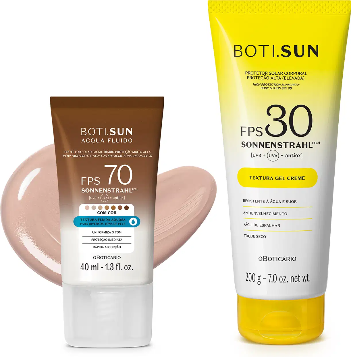 Dois produtos de proteção solar da marca Boti Sun: um frasco de protetor solar facial FPS 70 Cor 01 em bisnaga marrom e branca e uma frasco de protetor solar corporal FPS 30 em bisnaga amarela e branca com tampa amarela.