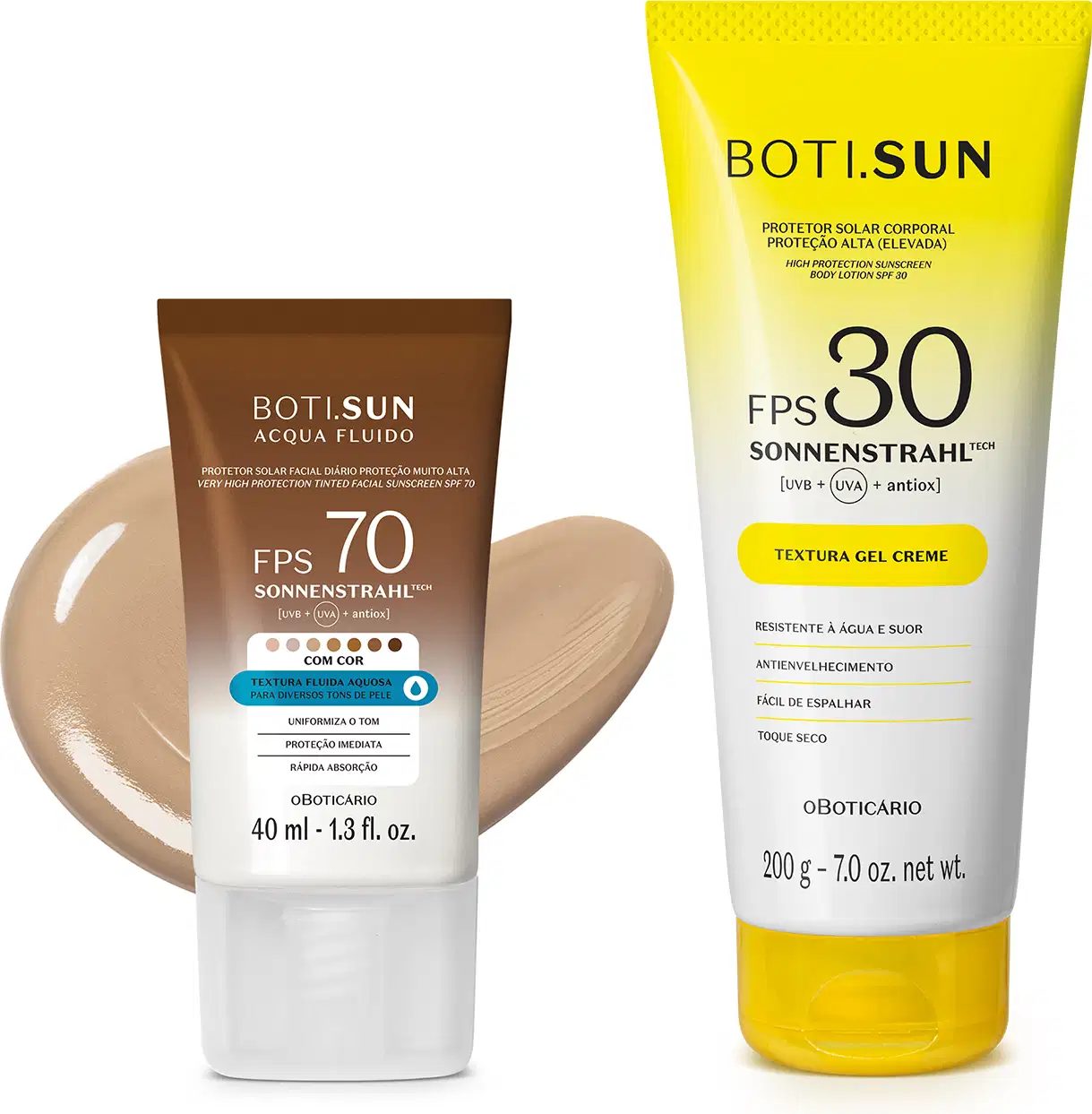 Dois produtos de proteção solar da marca Boti Sun: um frasco de protetor solar facial FPS 70 Cor 03 em bisnaga marrom e branca e uma frasco protetor solar corporal FPS 30 em bisnaga amarela e branca com tampa amarela.