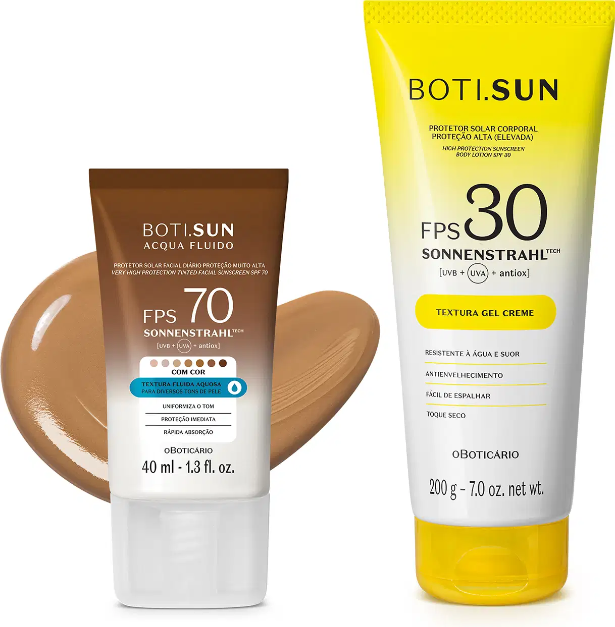 Dois produtos de proteção solar da marca Boti Sun: um frasco de protetor solar facial FPS 70 Cor 04 em bisnaga marrom e branca e uma frasco protetor solar corporal FPS 30 em bisnaga amarela e branca com tampa amarela.