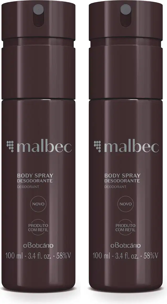 Dois frascos de 100ml de body spray da marca Malbec, com embalagem cilíndrica de cor vinho, rótulo em letras cinza com logotipo e informações do produto.