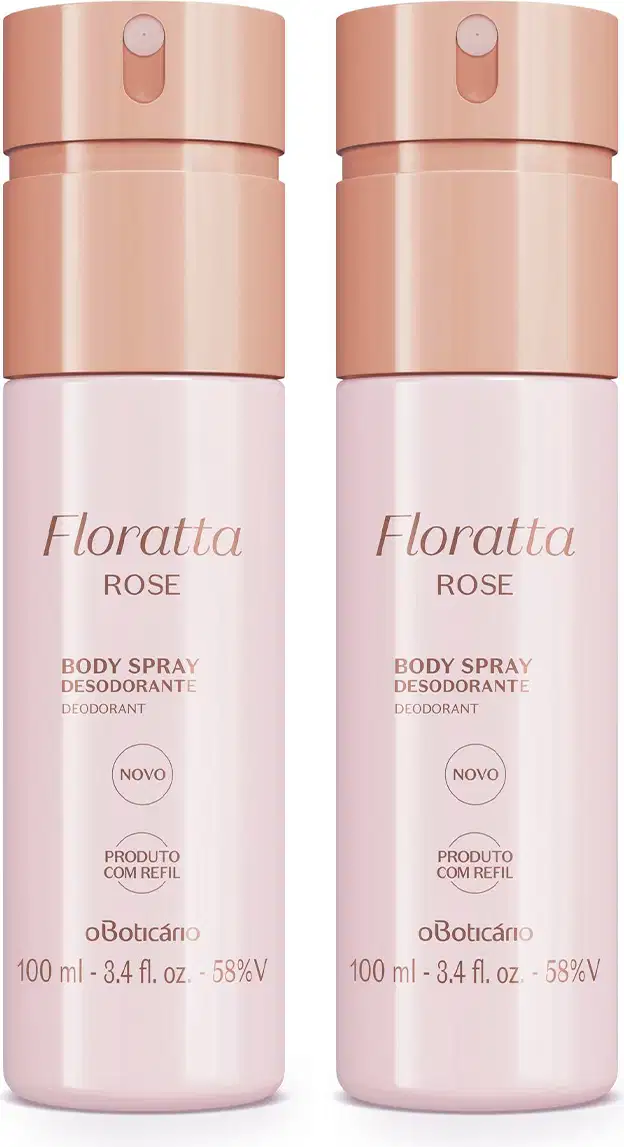 Dois frascos rosa de 100ml de body sprayl da marca Floratta Rose, com tampa dourada e texto em letras douradas,