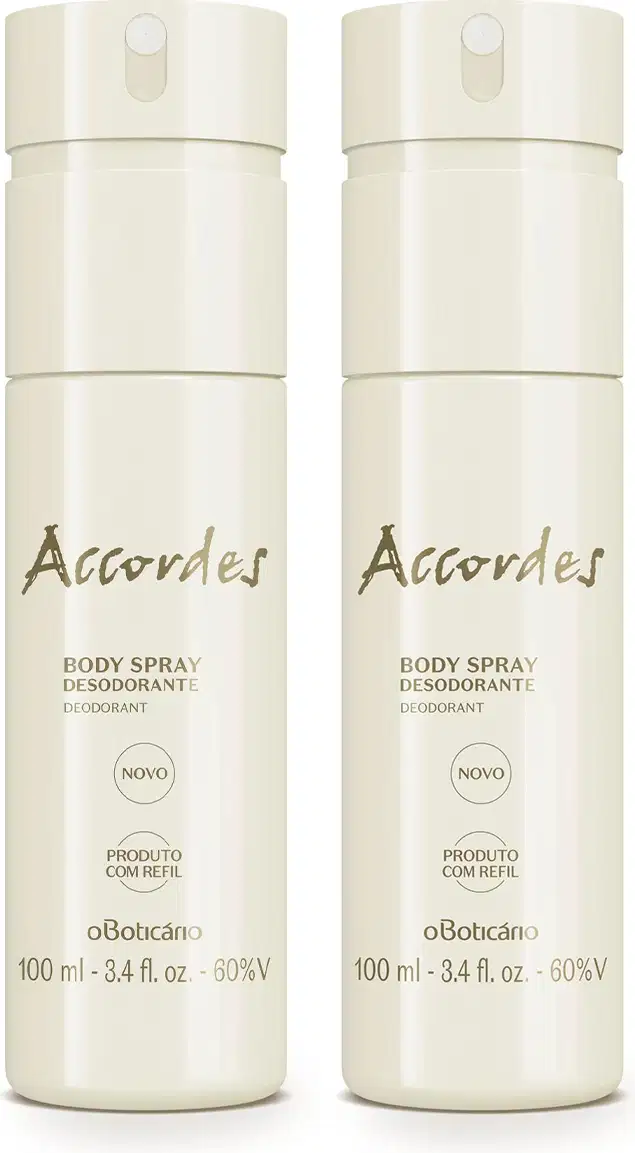 Dois frascos brancos de 100ml de body spray da marca Accordes, com rótulos em tom marrom.
