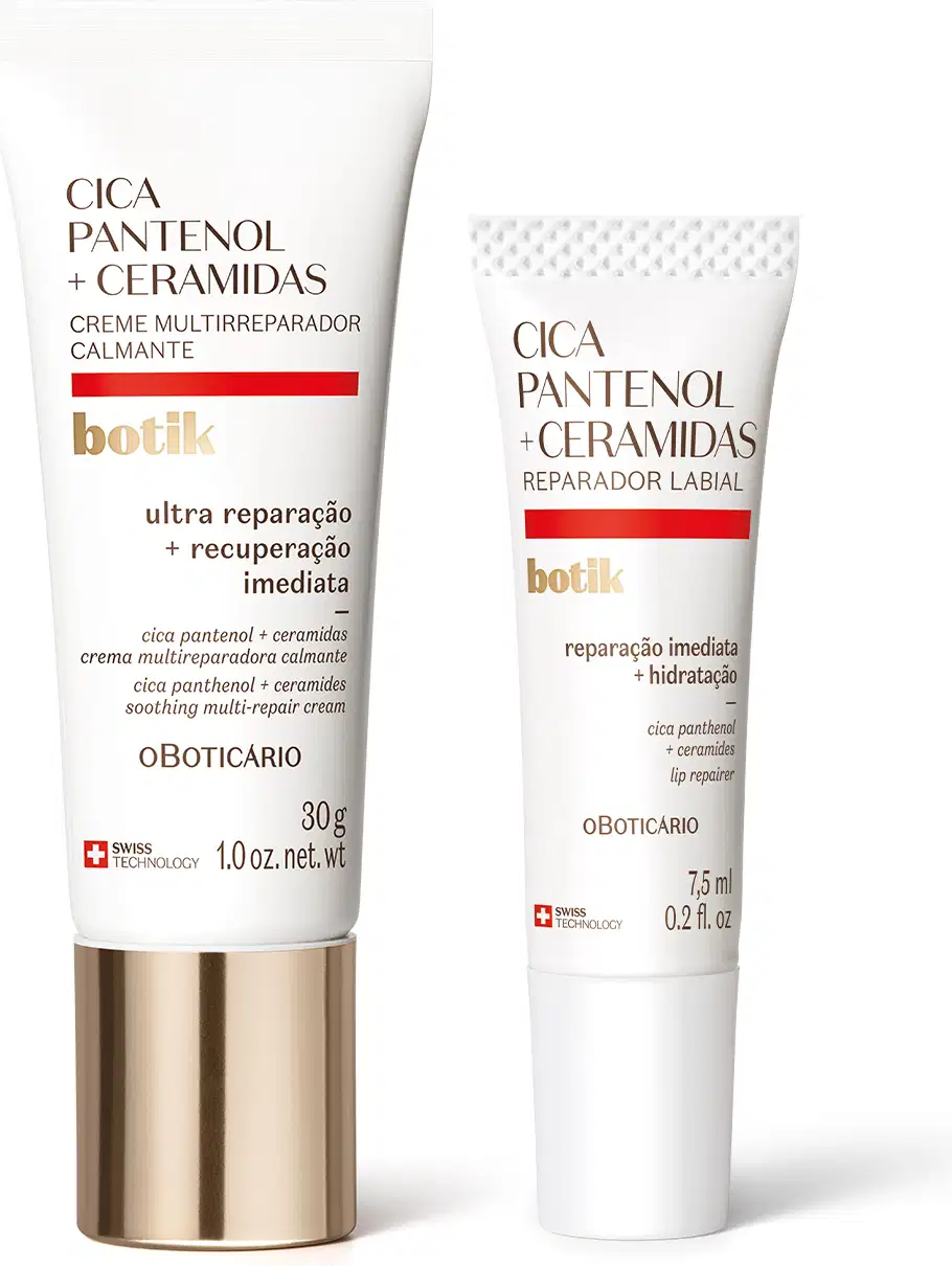 Imagem de dois produtos de cuidados para a pele da marca Botik Cica Pantenol e Ceramidas: um creme multirreparador calmante em tubo com tampa prateada e uma bisnaga de reparador labial. Ambos em embalagem branca com detalhe laranja.