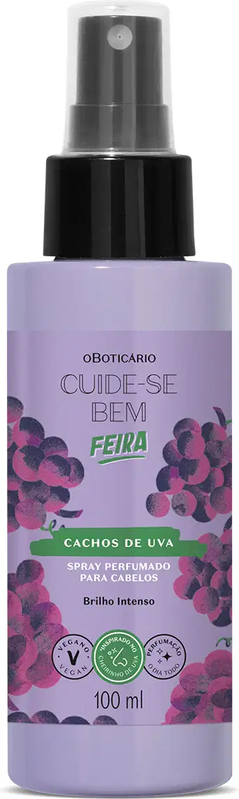 Imagem de um frasco de spray perfumado para cabelos da marca Cuide-se bem Feira Cachos de Uva, em embalagem roxa com cachos de uva ilustrados, tampa e válvula spray na cor preta e letras pretas. O recipiente traz 100ml de produto.