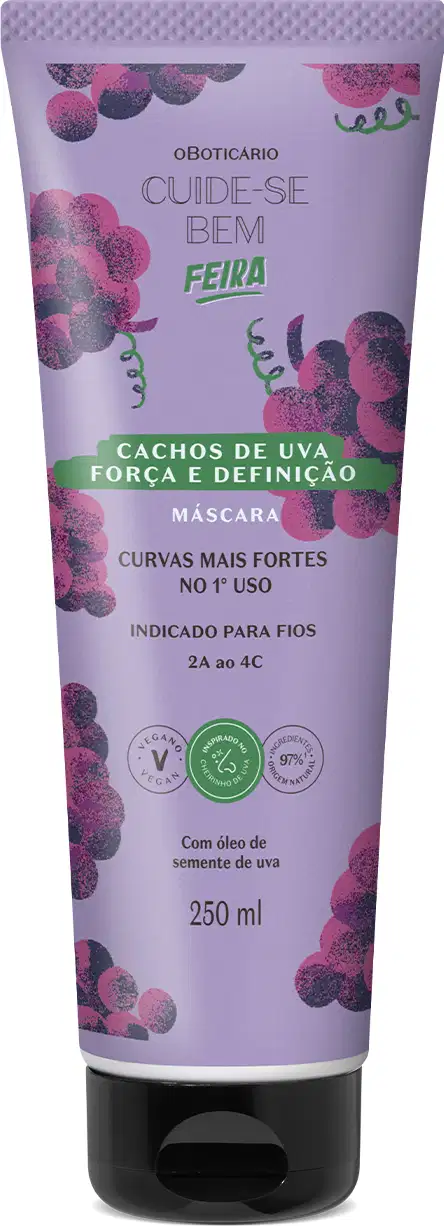 Imagem de uma máscara para cabelos da marca Cuide-se bem Feira Cachos de Uva, com embalagem em tubo de cor roxa com ilustrações de cachos de uvas roxas e texto indicando cachos de uva, força e definição. O recipiente traz 250g de produto.