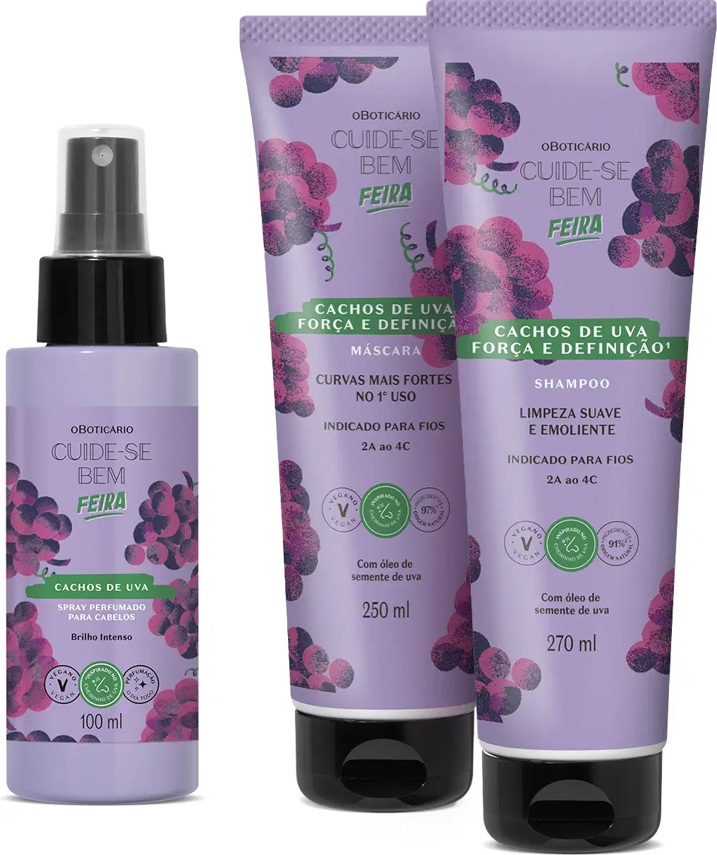 Imagem de produtos para cabelos da marca Cuide-se bem Feira Cachos de Uva, incluindo spray perfumado, shampoo e máscara, com embalagens em tons de roxo destacando cachos de uva e informações sobre uso para fios.