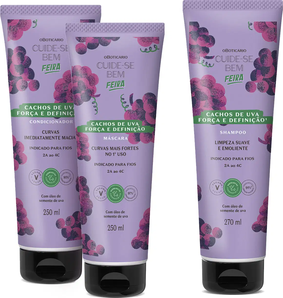 Imagem de três produtos de cabelo da marca Cuide-se bem Feira Cachos de Uva em embalagens com predominância de tons de roxo e com cachos de uvas roxas ilustrados.