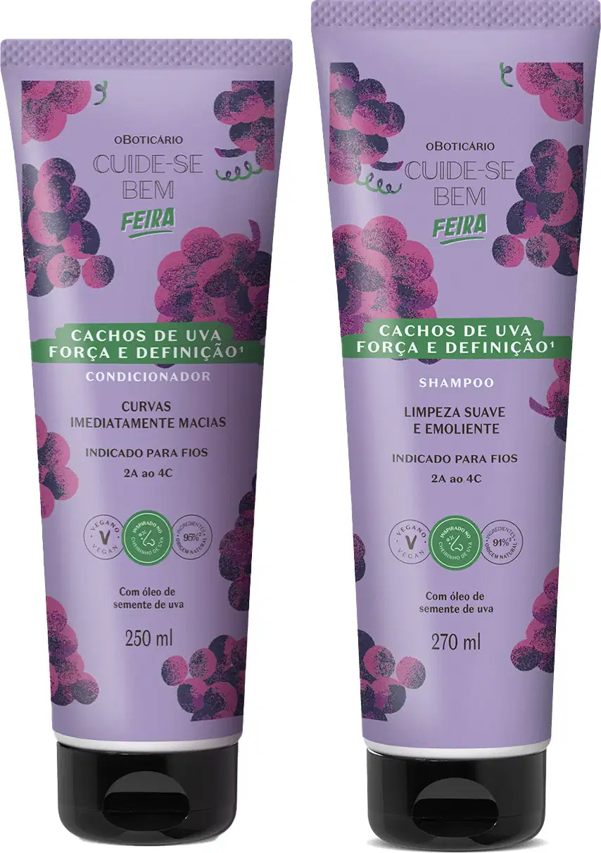 Imagem de dois frascos de shampoo e condicionador da marca Cuide-se Bem Feira Cachos de Uva, com embalagens roxas com cachos de uva ilustrados, contendo informações sobre cachos de uva, força e definição, indicados para fios 2A a 4C.
