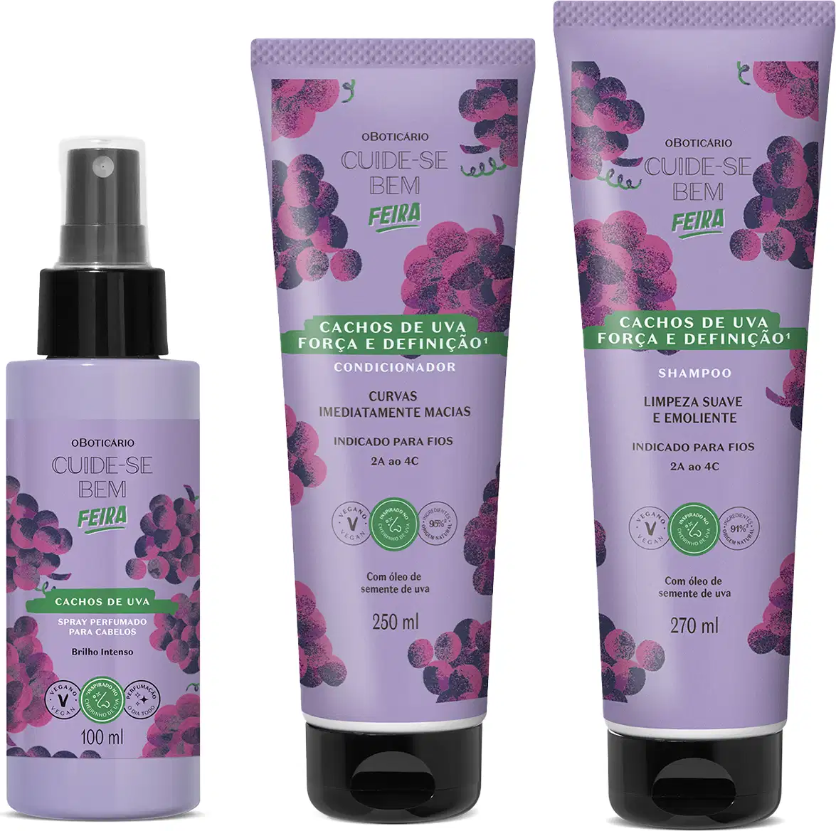 Imagem de três produtos da marca Cuide-se Bem Feira Cachos de Uva: frasco de spray para cabelos, bisnaga de condicionador e bisnaga de shampoo, todos com embalagens roxas com estampa de cachos de uva.