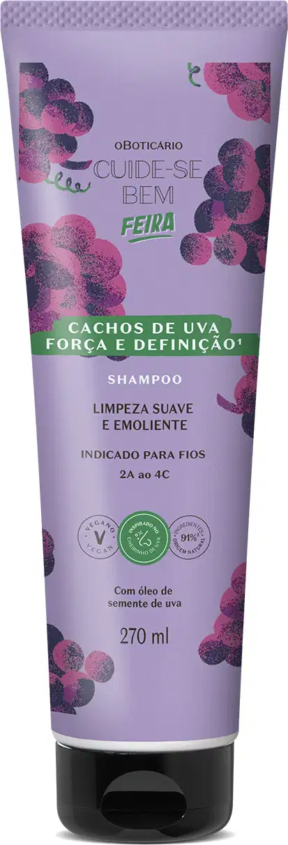 Imagem de frasco de shampoo da marca Cuide-se Bem Feira Cachos de Uva, em embalagem roxa com ilustração de cachos de uva, tampa preta e letras brancas e pretas. O recipiente traz 270ml de produto.