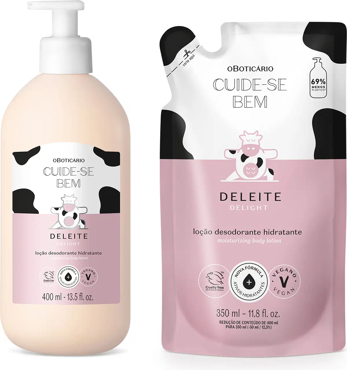 Imagem de duas embalagens de loção hidratante corporal Cuide-se Bem Deleite, sendo um frasco branco e um refil em sachê. Ambos trazem as cores branca e rosa com manchas pretas e ilustração de vaca.