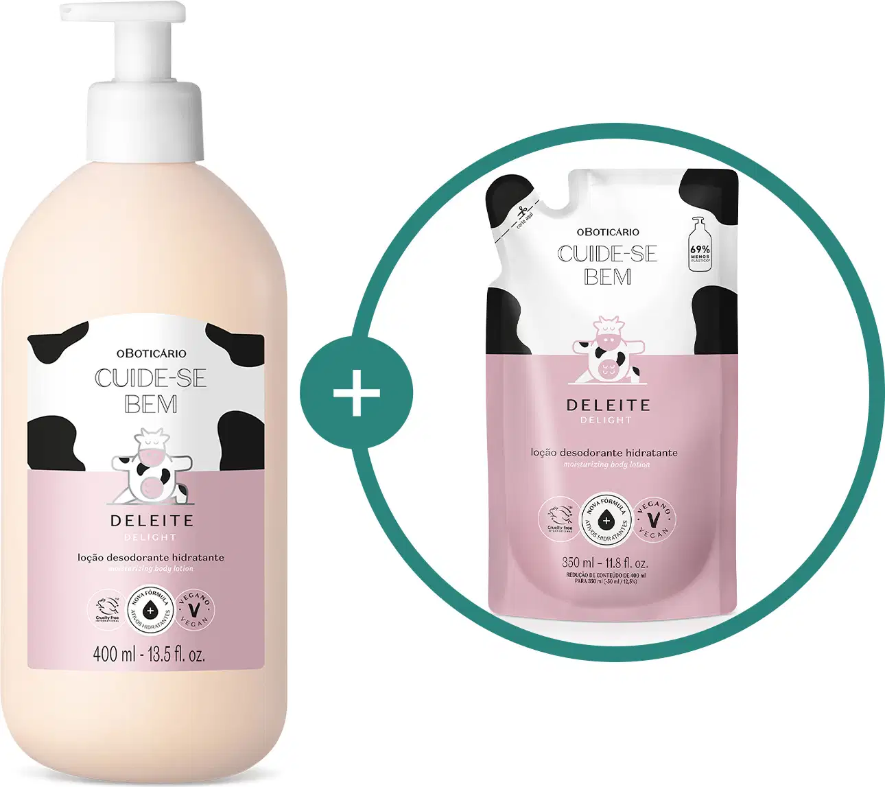 Imagem de duas embalagens de loção hidratante corporal Cuide-se Bem Deleite, sendo um frasco branco e um refil em sachê. Ambos trazem as cores branca e rosa com manchas pretas e ilustração de vaca.