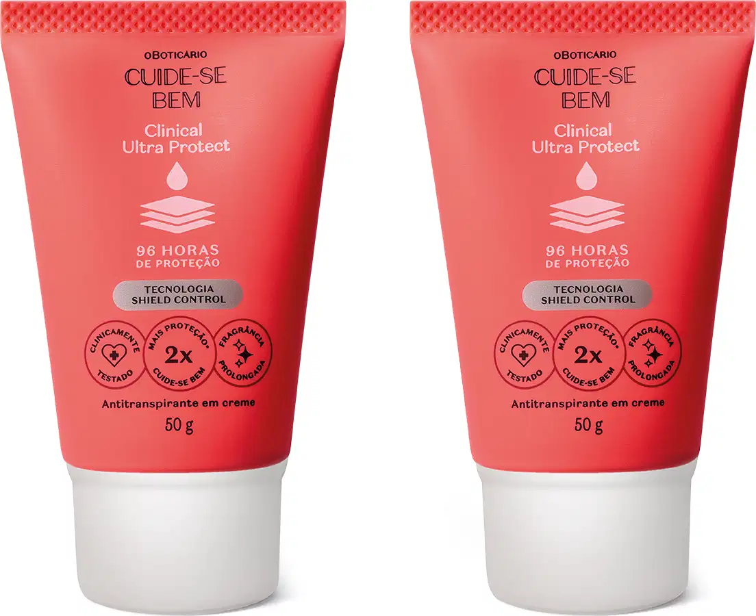 Imagem de dois tubos de antitranspirante em creme da marca Cuide-se Bem Clinical Ultra Protect, em embalagem vermelha com letras brancas e pretas, contendo informações sobre proteção de 96 horas. Cada embalagem contém 0g de produto.
