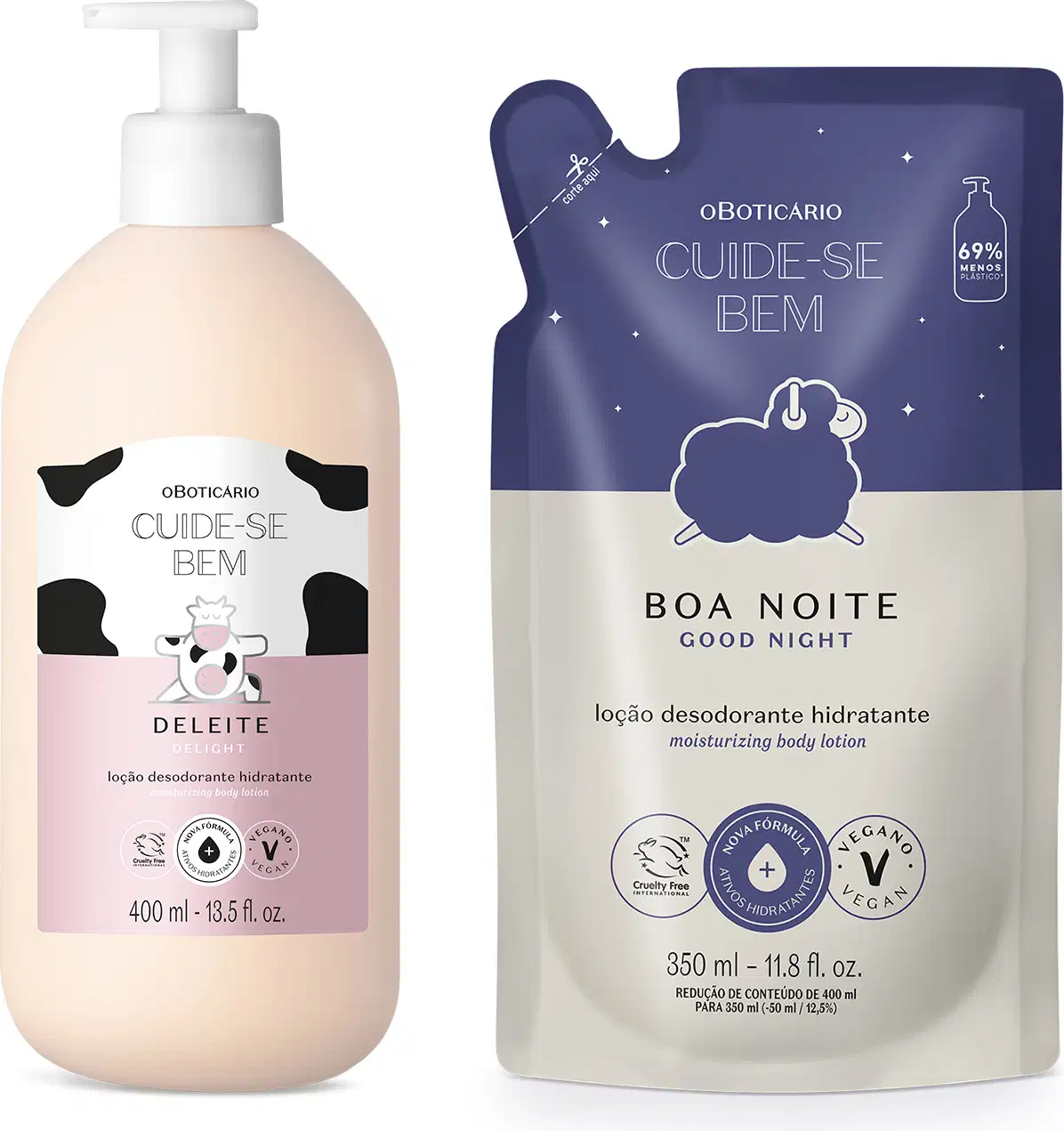 Imagem de duas embalagens de loção hidratante corporal Cuide-se Bem: um frasco branco com rótulo rosa e branco e vaca ilustrada da linha Deleite e um sachê azul e lilás e ovelha ilustrada da linha Boa Noite.