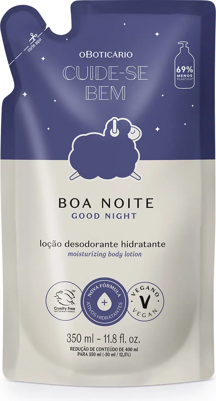 Imagem de um sachê em tons de azul e lilás com ovelhinha ilustrada contendo 350 ml de loção hidratante corporal da marca Cuide-se Bem Boa Noite.