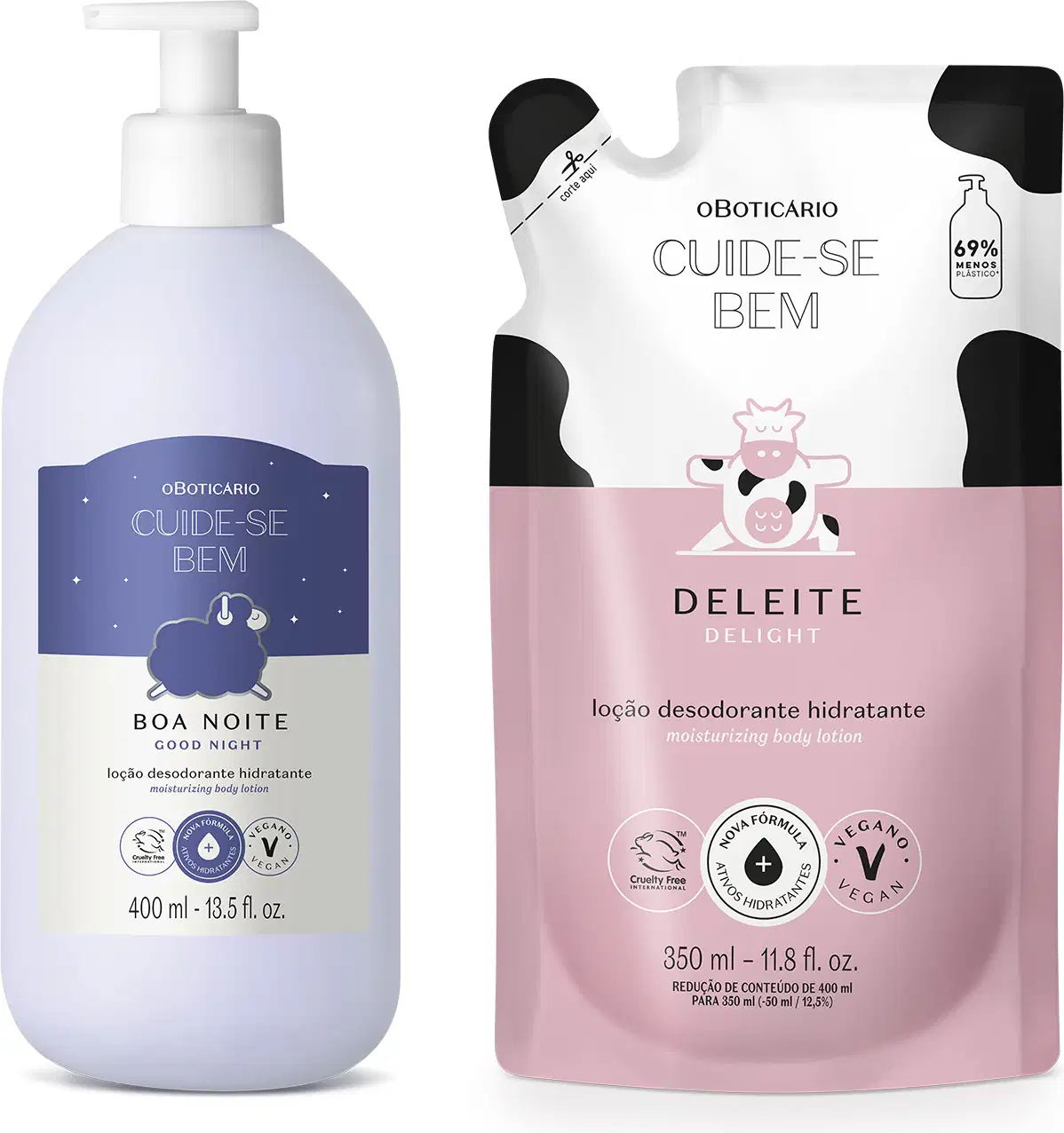 Imagem de duas embalagens contendo loção hidratante corporal Cuide-se Bem, sendo uma branca com rótulo azul e ovelha ilustrada da linha Boa Noite e um sachê rosa e branco da linha Deleite.