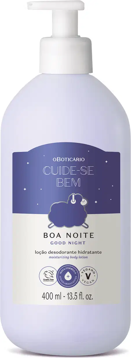 Imagem de um frasco branco com rótulo azul e branco e ovelha ilustrada contendo 400 ml de loção hidratante corpora da marca Cuide-se Bem Boa Noite.