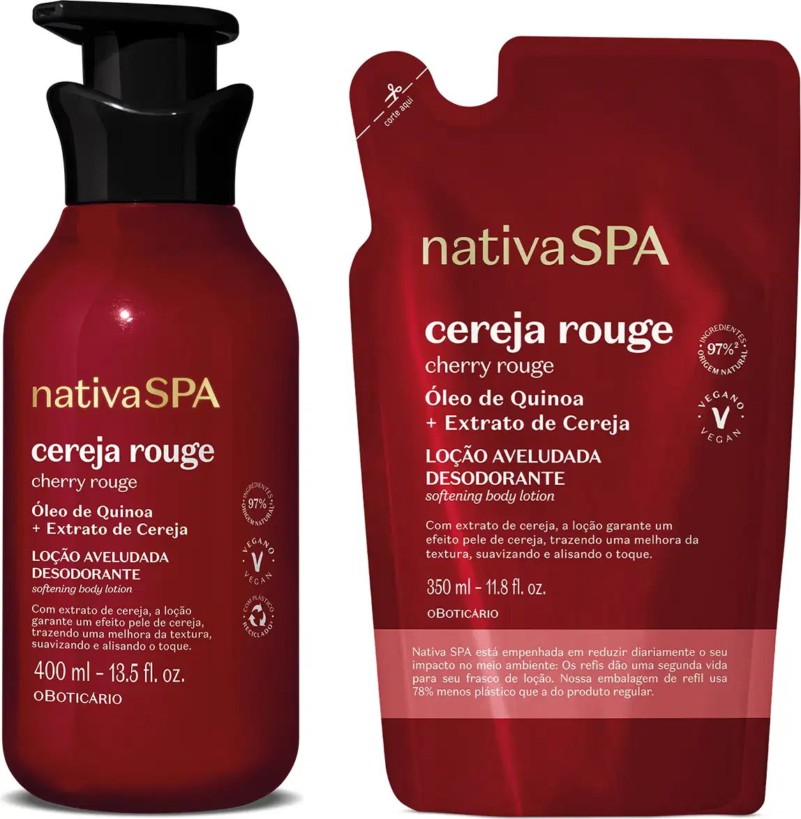 Imagem de duas embalagens de loção hidratante corporal Nativa SPA Cereja Rouge, sendo um frasco com tampa dosadora preta e um refil em sachê. Ambos são vermelho-escuro com letras douradas e brancas.