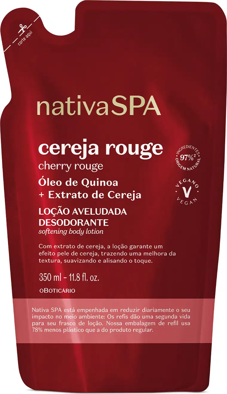 Imagem de um refil em sachê vermelho-escuro, detalhe rosa e letras douradas e brancas contendo 350ml de loção hidratante corporal Nativa SPA Cereja Rouge.