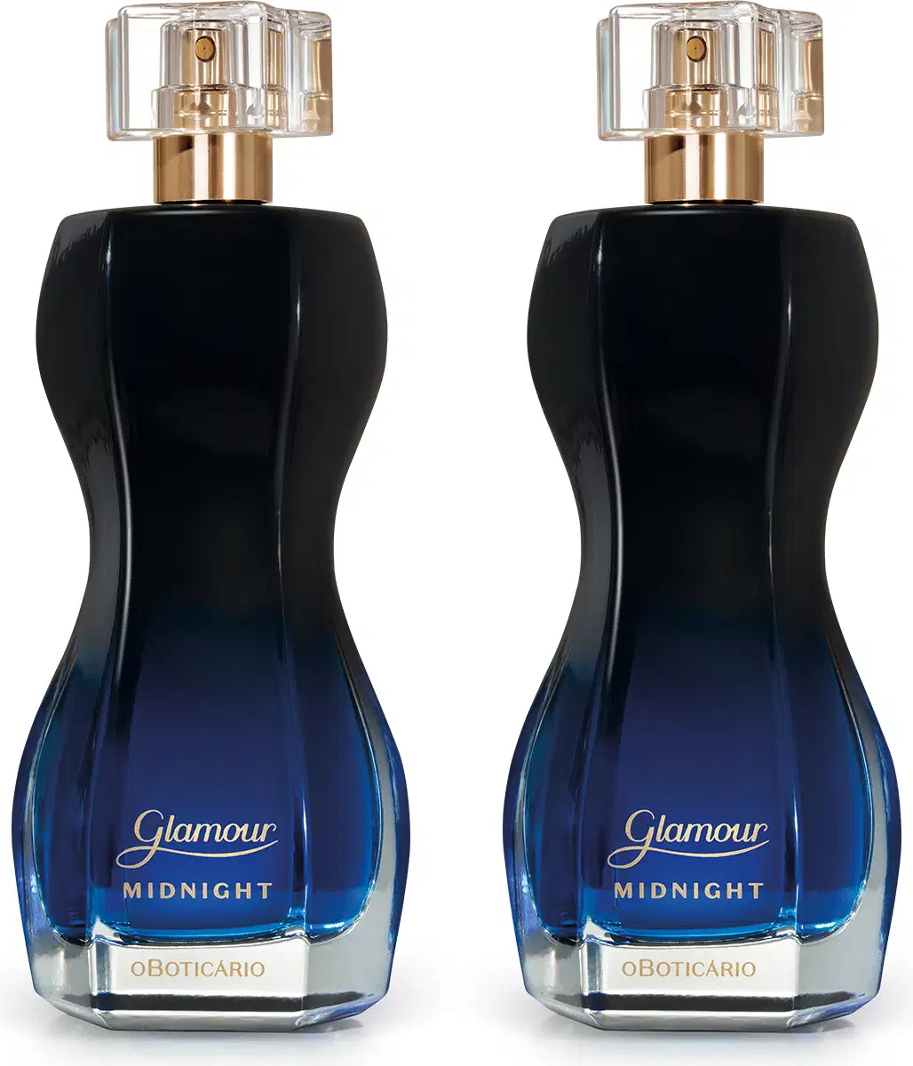 Imagem de dois frascos de item de perfumaria da marca Glamour Midnight, com embalagem em degradê de preto para azul escuro, rótulo com letras douradas, borrifador dourado e tampa transparente. O recipiente conta com 75ml da fragrância.