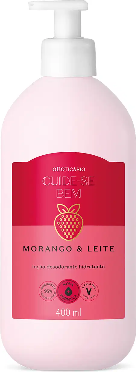 Imagem de frasco branco de loção desodorante hidratante da marca Cuide-se bem Morango e Leite, com rótulo rosa e vermelho com texto e ilustração de morango.