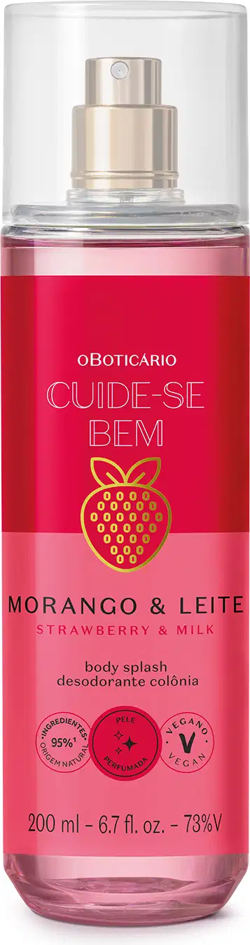 Imagem de um frasco transparente com líquido rosa de body splash da marca Cuide-se bem Morango e Leite, com formato cilíndrico, rótulo vermelho e rosa ce pulverizador na parte superior.
