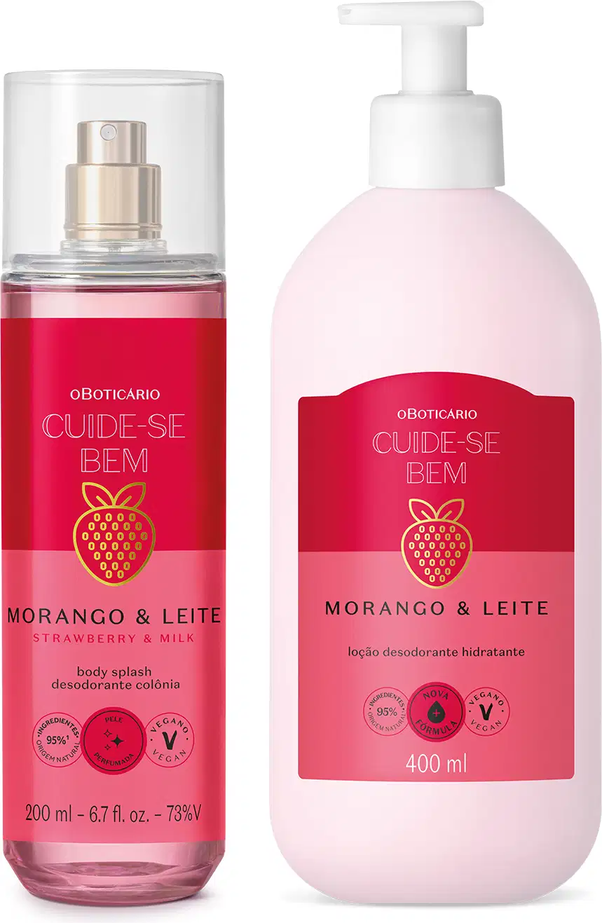 Imagem de dois frascos de produtos da marca Cuide-se Bem Morango e Leite, body splash com pulverizador e loção corporal com bomba, ambos em tons de rosa e vermelho, com rótulos exibindo a marca e os ingredientes morango e leite.