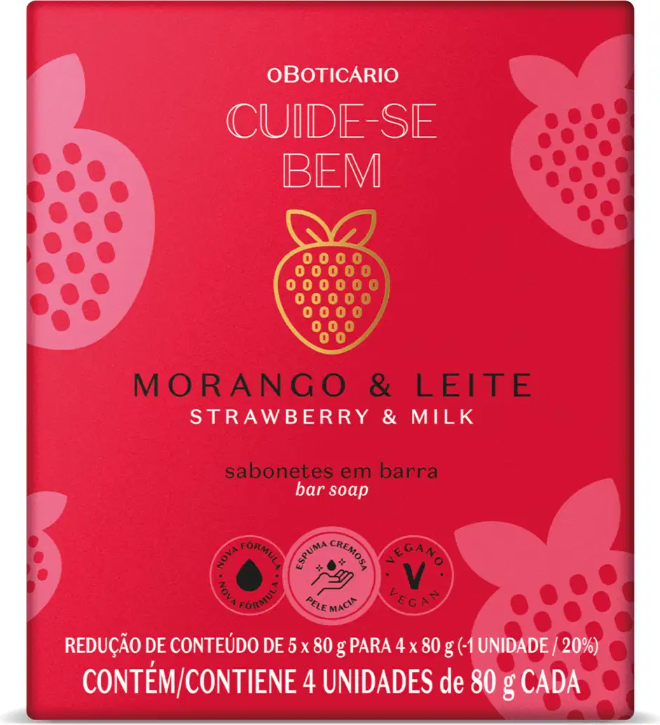Imagem de uma caixa vermelha com imagem de morangos, contendo quatro barras de sabonete de 80g cada com fragrância de morango e leite da marca Cuide-se Bem Morango e Leite.