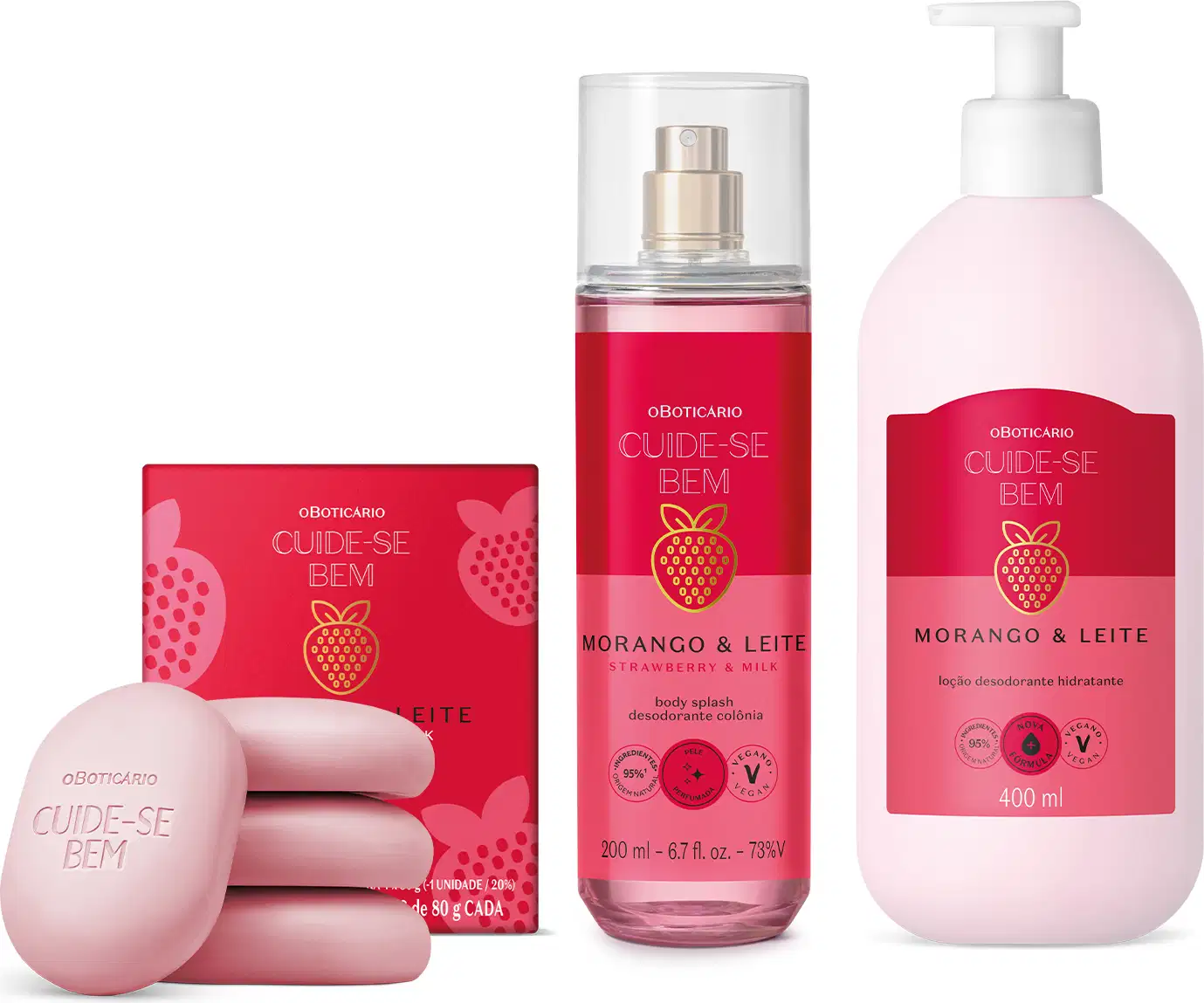 Imagem de um kit de produtos da marca Cuide-se Bem Morango e Leite, incluindo sabonete, desodorante e body splash corporal com fragrância de morango e leite, em embalagens rosa e vermelha e com ilustrações de morangos.