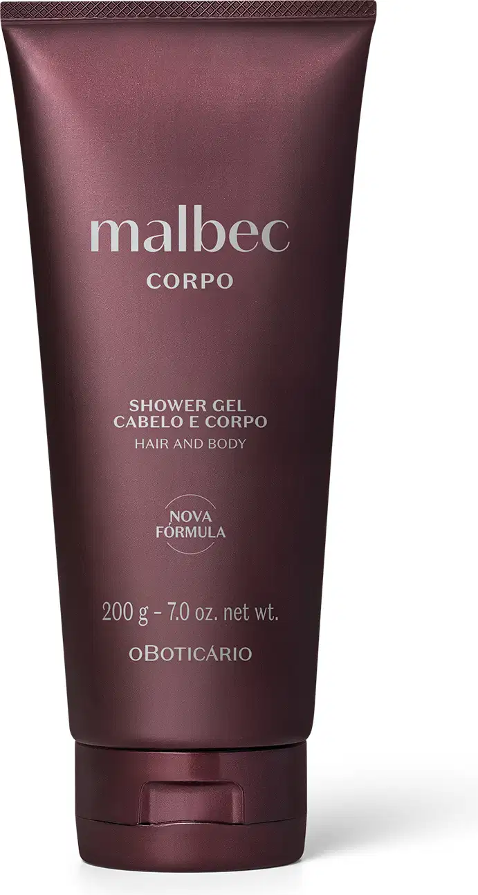 Imagem de uma bisnaga de gel de banho e cabelo da marca Malbec Corpo, com embalagem de cor vinho e texto branco destacado. A embalagem traz 200 g de produto.