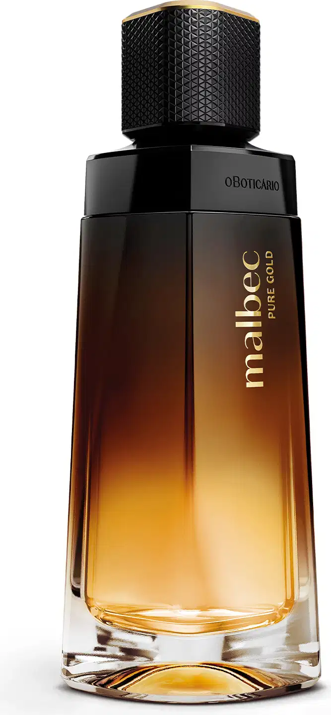 Imagem de um frasco com degradê de vinho e dourado contendo 100ml de desodorante colônia da marca Malbec Pure Gold. A embalagem possui formato geométrico, tampa preta e letras douradas.