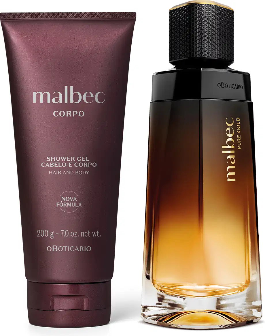 Imagem de dois produtos da marca Malbec Pure Gold: um frasco de desodorante colônia preto e dourado e um tubo de gel de banho de cor vinho com rótulo cinza.