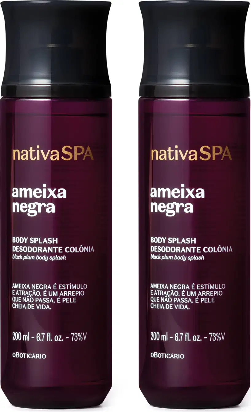 Imagem de dois frascos de body splash da marca Nativa SPA Ameixa Negra, com embalagem em formato cilíndrico, na cor vinho, com rótulo em letras brancas e douradas exibindo o nome da marca e informações sobre o produto.