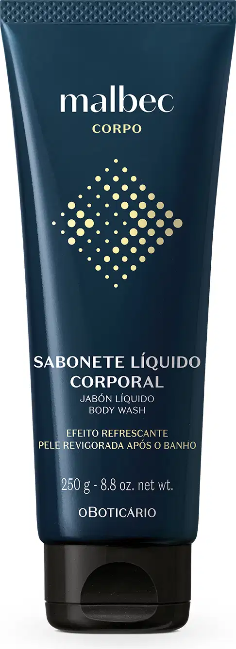 Imagem de sabonete líquido corporal da marca Malbec em embalagem bisnaga azul-marinho com pontilhados em dourado e letras brancas, contendo 250 g de produto.