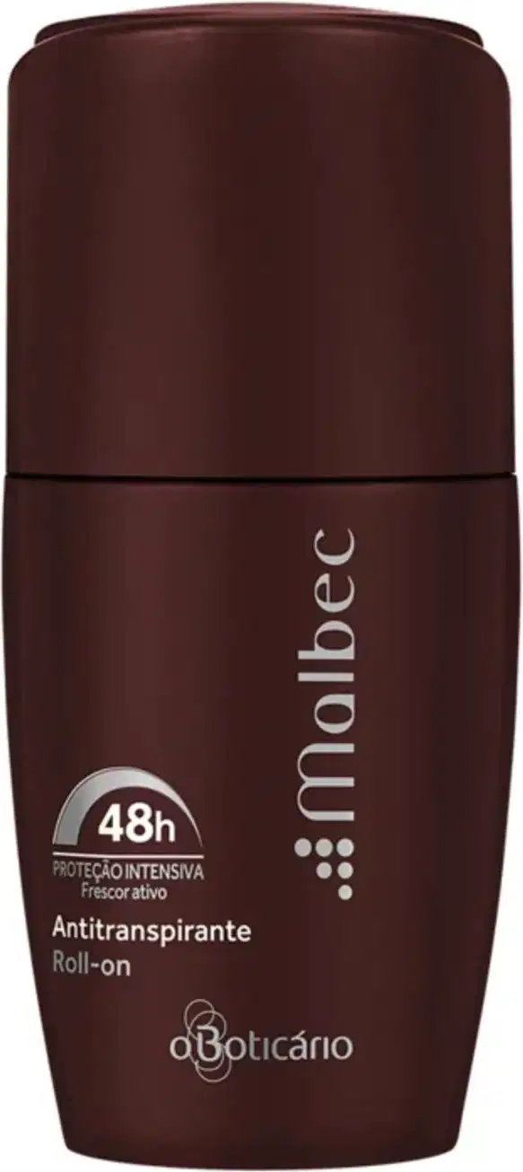 Imagem de um frasco de desodorante antitranspirante roll-on da marca Malbec, com embalagem na cor vinho e texto branco destacado.