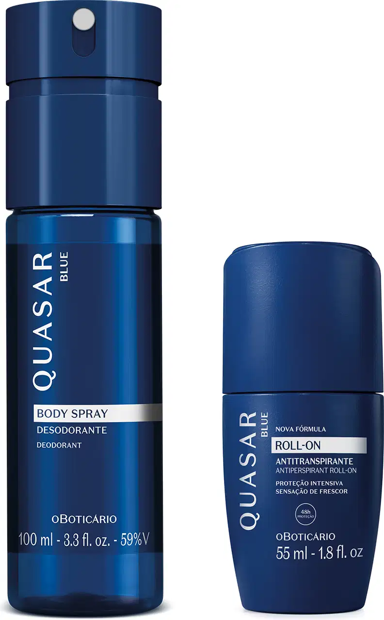 Dois produtos de beleza da marca Quasar: um desodorante em spray corporal azul de 100 ml e um desodorante roll-on antitranspirante azul de 55 ml, ambos com embalagens de design moderno e minimalista.