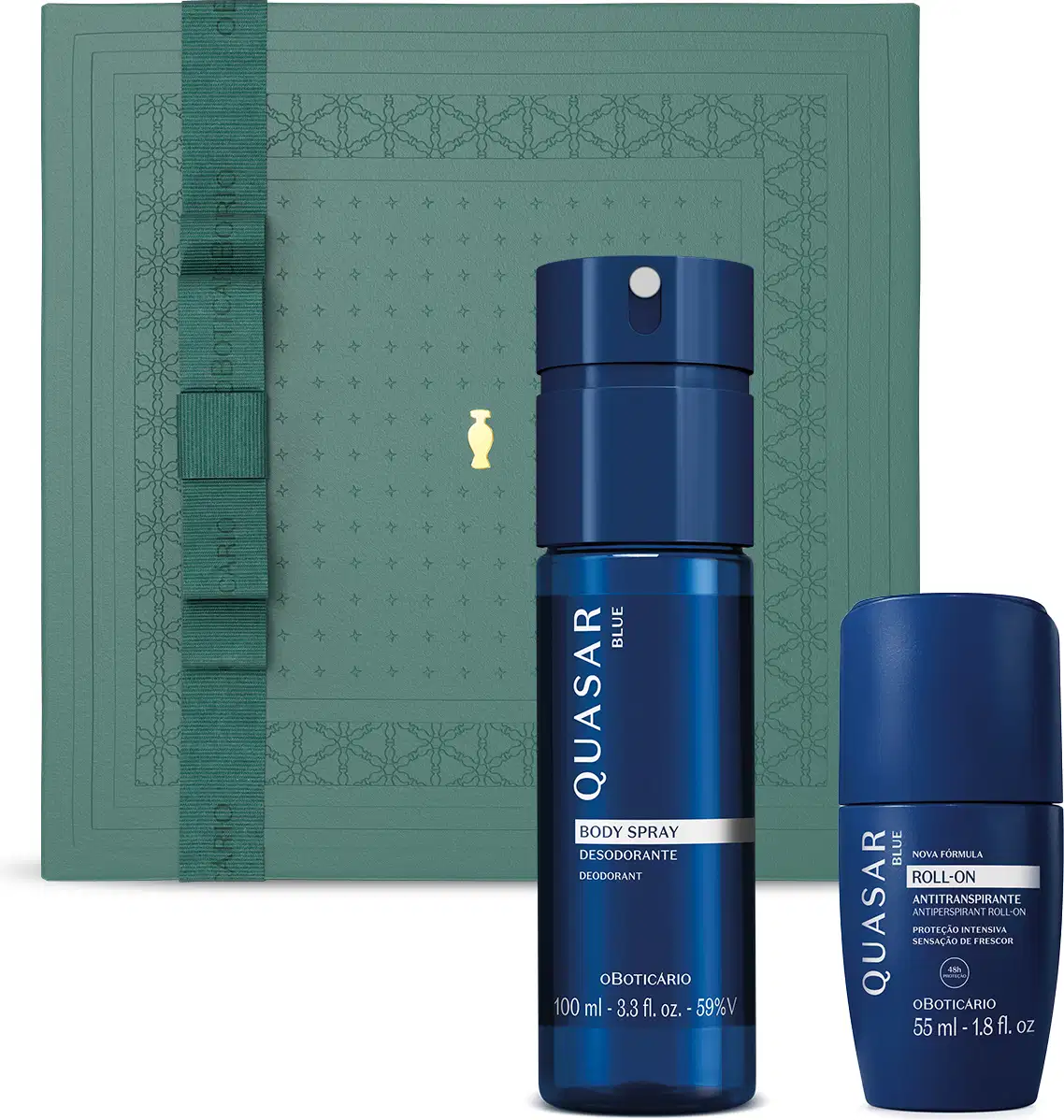 Imagem de um kit de produtos da marca Quasar Blue, incluindo um frasco de body spray azul e um desodorante roll-on azul, apresentados em uma caixa verde com detalhe dourado.