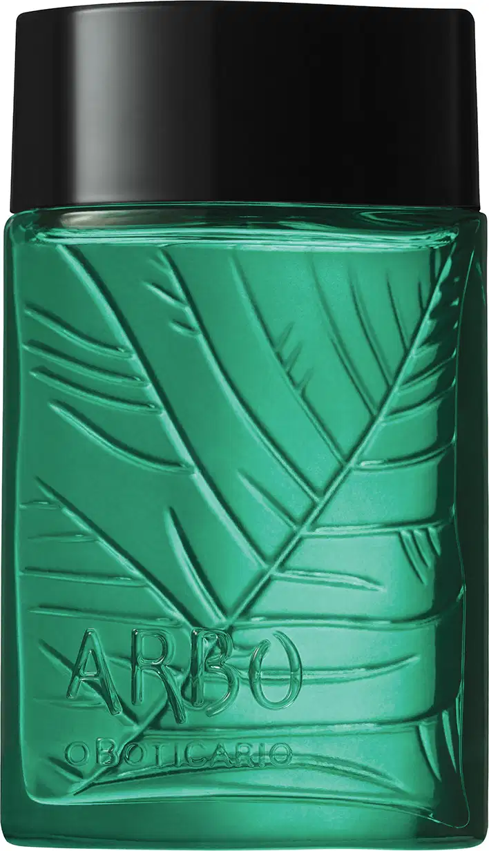 Imagem de um vidro transparente com folhagens em relevo, líquido verde e tampa preta contendo 100 ml de desodorante colônia da marca Arbo.