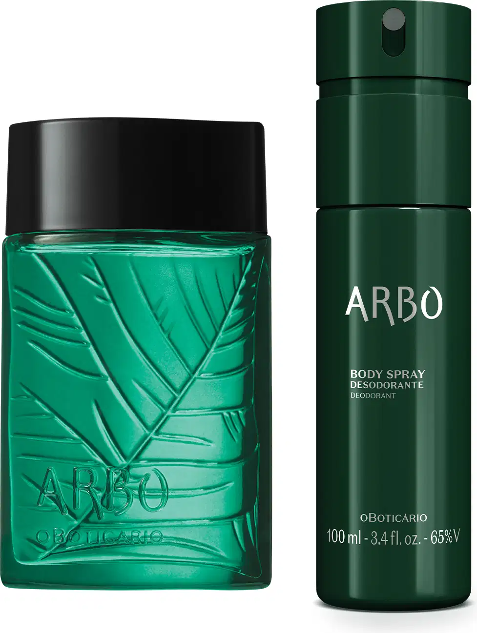 Imagem de um vidro com líquido verde e tampa preta de desodorante colônia Arbo e frasco verde com letras amarelas de body spray da mesma marca.