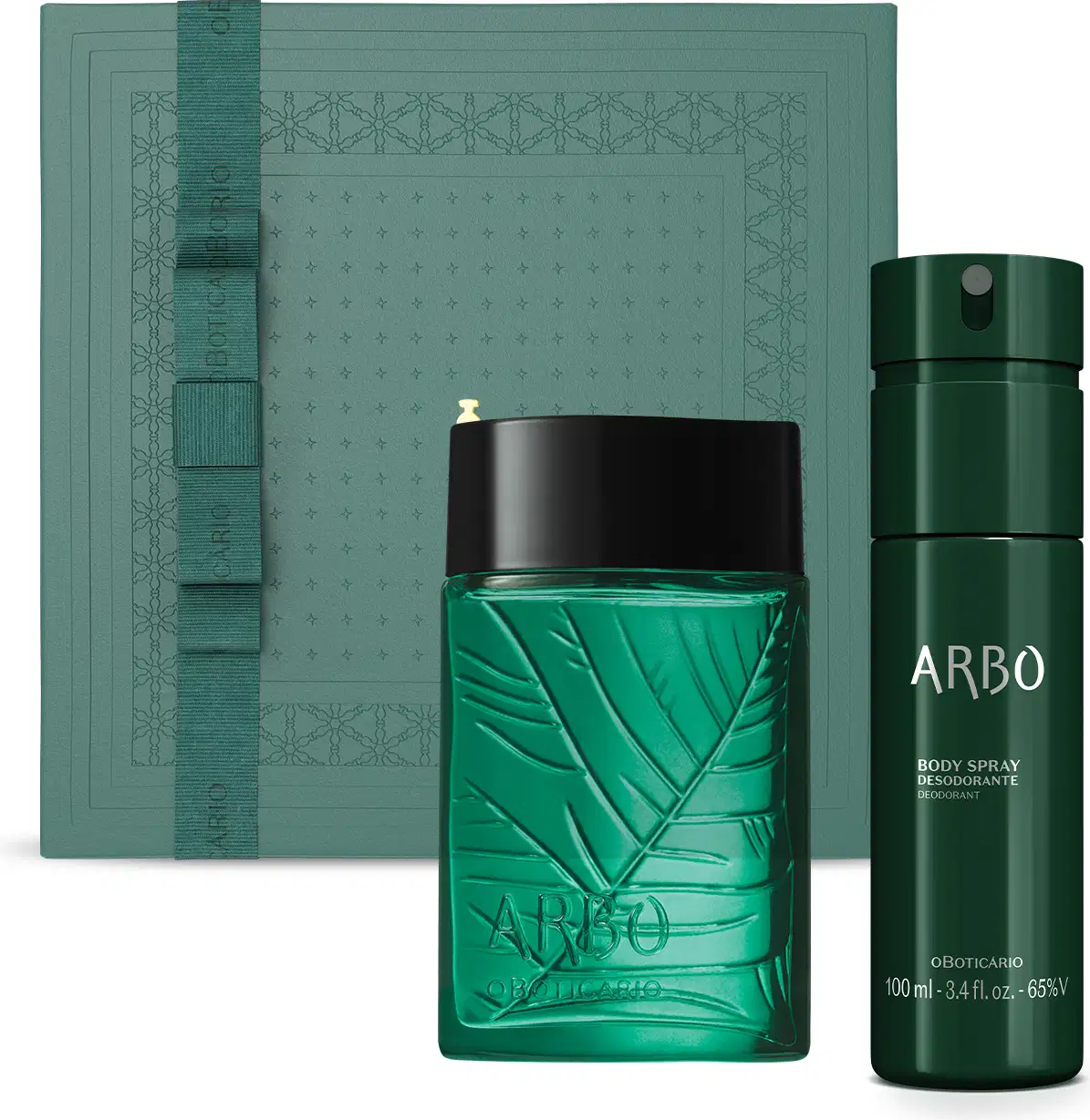 Imagem de um vidro com líquido verde e folhas em relevo de desodorante colônia Arbo, frasco verde com letras amarelas de body spray Arbo e caixa verde com detalhe dourado.
