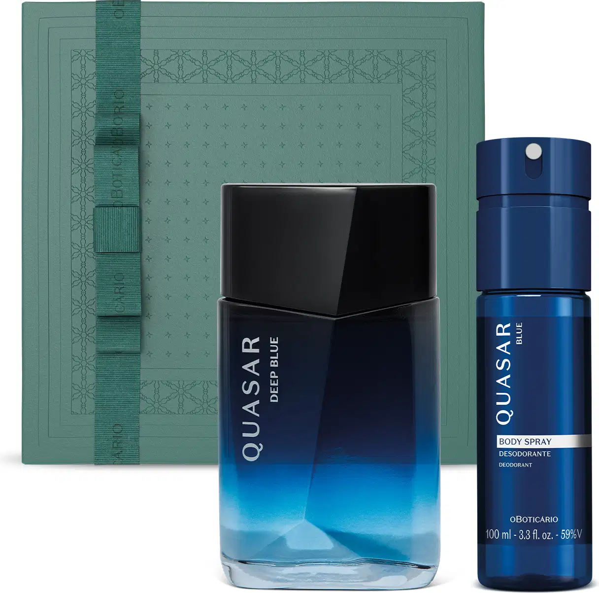 Imagem de um vidro em tons de azul com tampa preta de desodorante colônia Quasar Deep Blue, frasco azul com letras amarelas de body spray Quasar Blue e caixa verde presenteável.