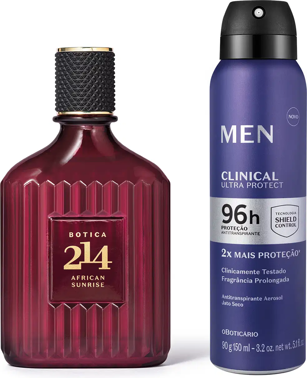 Imagem de dois itens de perfumaria: frasco de vidro vermelho com rótulo dourado da marca Botica 214 African Sunrise e lata azul com texto "MEN Clinical Ultra Protect" e informações sobre proteção antiperspirante.