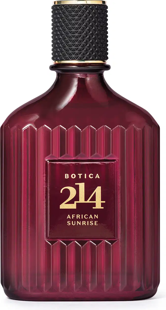 Imagem de vidro de Eau de Parfum da marca Botica 214, com design geométrico em tom vermelho escuro e tampa preta , exibindo o texto em dourado, contendo 100 ml de produto.