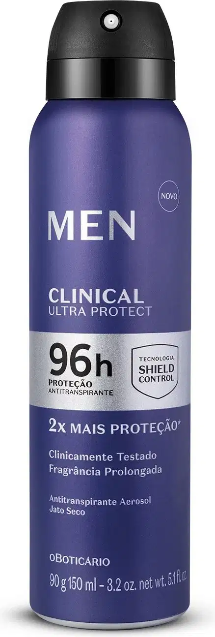 Imagem de um frasco de desodorante antitranspirante aerossol aerossol masculino da marca Men, na cor azul, com texto informando  sobre proteção por 96 horas.